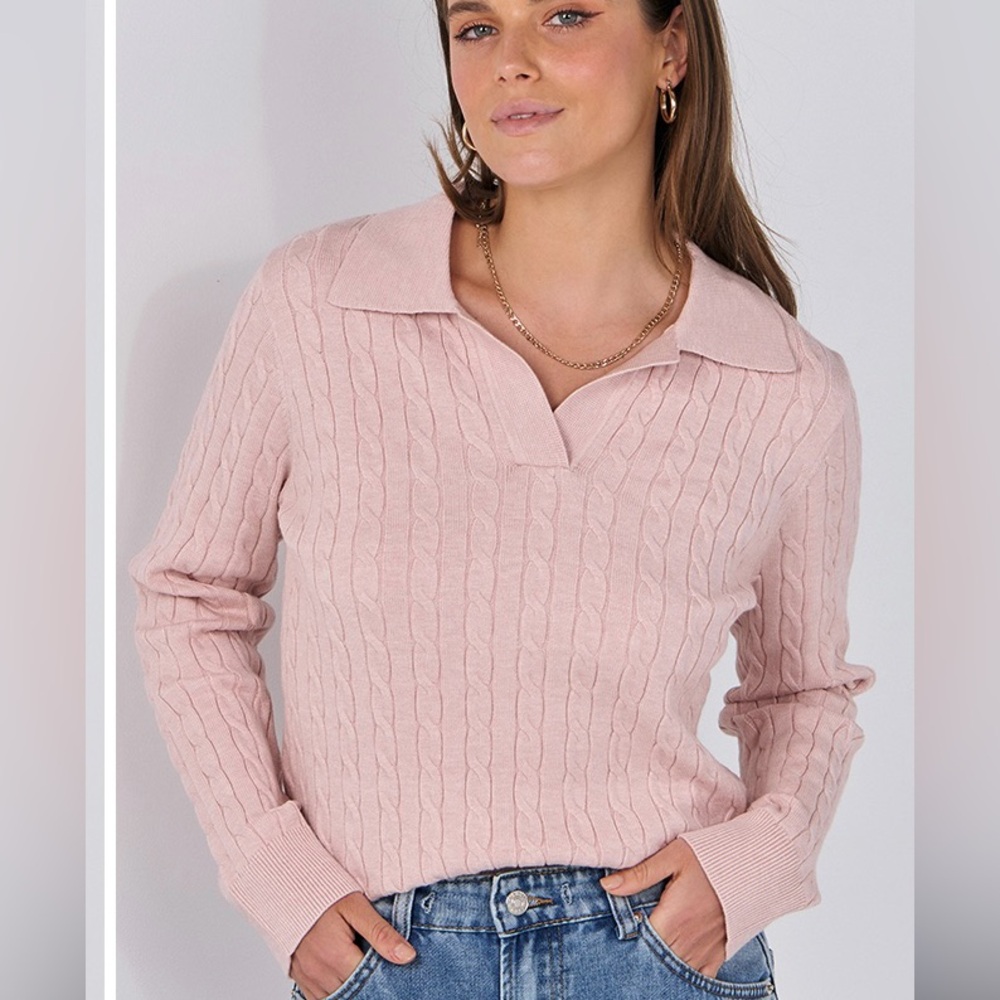 Chaps Light Pink V-Neck Cable Knit Sweater - Picture 1 of 6